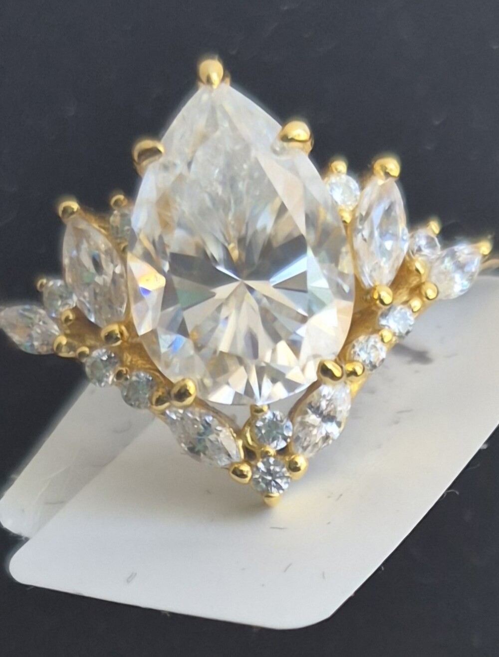GRA Certified 2 Carat Pear Cut Moissanite Ring W/ Marquise& Round Accents Size 6